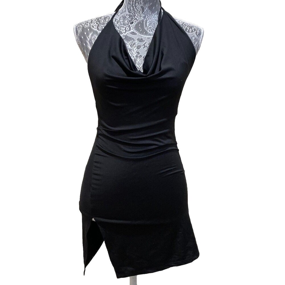 Fashion Nova Womens S Black Halter Bodycon Mini Dress Ruched Side Slit Clubwear